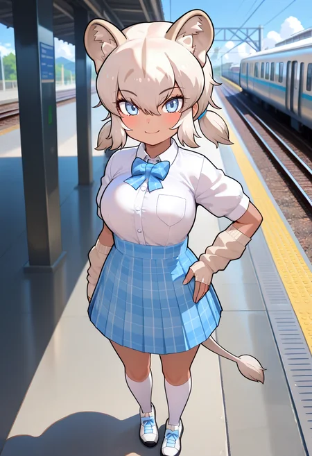 1girl, solo, <lora:transvaal_lion_kf_ilxl_v1:1>, transvaal lion \(kemono friends\), lion girl, lion ears, animal ears, animal ear fluff, extra ears, lion tail, tail, dark skin, dark-skinned female, multicolored hair, two-tone hair, white hair, brown hair, light brown hair, sidelocks, twintails, short twintails, hair tie, hair between eyes, eyes visible through hair, short hair, medium breasts, trli1st, shirt, collared shirt, white shirt, shirt tucked in, bow, bowtie, blue bow, blue bowtie, plaid bow, plaid bowtie, arm warmers, gloves, elbow gloves, fingerless gloves, two-tone gloves, white gloves, grey gloves, brown gloves, skirt, high-waist skirt, blue skirt, plaid skirt, pleated skirt, socks, white socks, kneehighs, shoes, sneakers, white footwear, full body, standing, blush, smile, looking at viewer, hand on own hip, train station platform, masterpiece, best quality, very aesthetic, absurdres