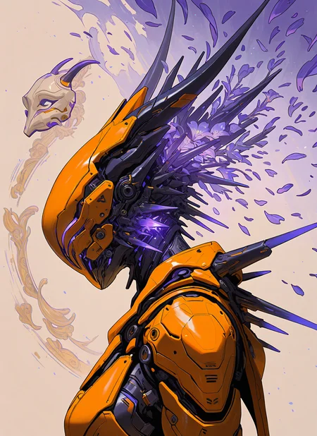 masterpiece, best quality, newest, absurdres, highres, painting, mcnm, intricate mask, spikes, horns, yellow armor, soft purple glow, soft colors, side view, flower petals, detailed, <lora:Mechanism-Illustious:1.0>