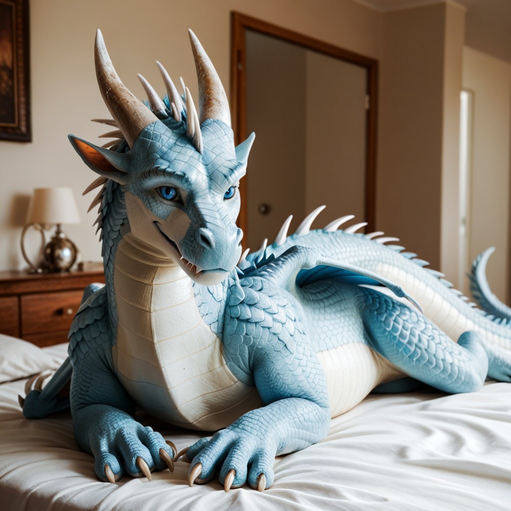 score_9, score_8_up, score_7_up, score_6_up, score_5_up, score_4_up, masterpiece, high quality, realistic, detailed, best quality, white bed, solo, rating_safe, source_furry, bedroom, serious look, handsome, ((looking at viewer)), lying on belly, feral, detailed eyes, detailed face, Icewing, icewing spikes, white scales, dragon, horns, claws, wings, tail, Wint3r, male, 1boy, blue eyes