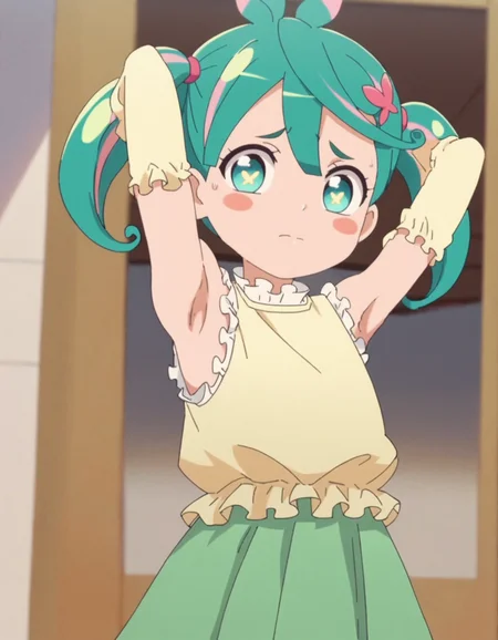 score_9, score_8_up, score_7_up, anime screencap, solo,1girl,hisui, shirt, twintails, detached sleeves, sleeveless, blush stickers, looking at viewer, skirt, yellow shirt, hair ornament, green skirt,armpit,blush,embarrassed <lora:hisui_pony:0.8>