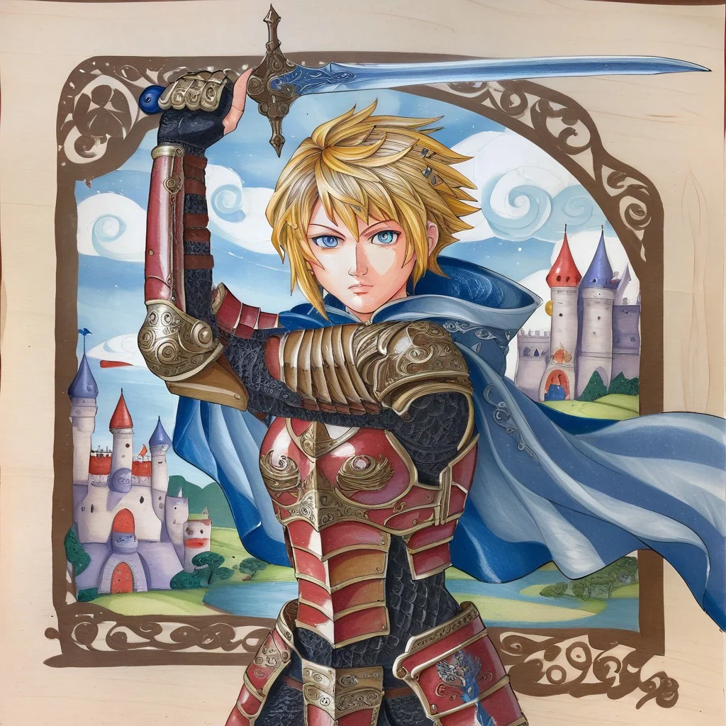 freebo_piercing, sword, sword held up defensively, high stance, solo, front view, looking at viewer, 1girl, anime, armor, holding sword, blond hair, short hair, blue eyes, cape, fantasy castle, freebo_alloy, abstractionism, brush stroke, traditional media, side view, looking at viewer