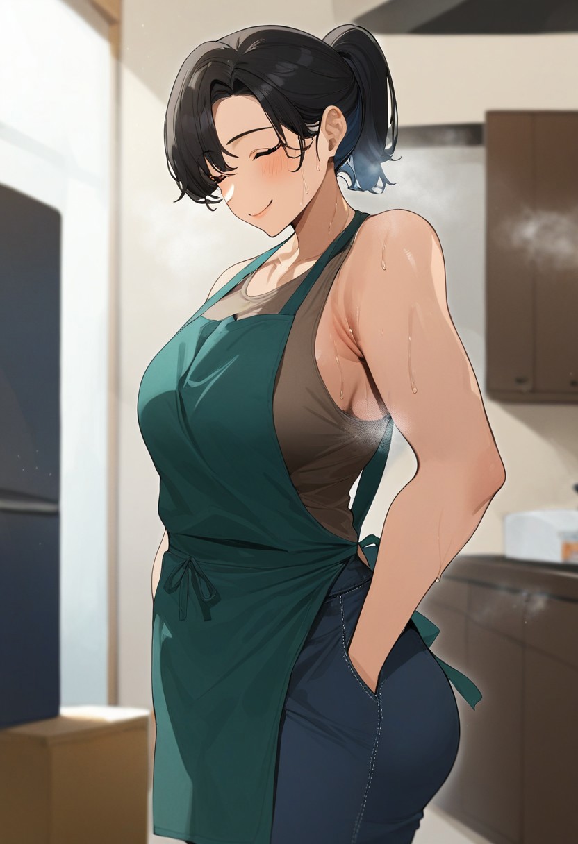 score_9, score_8_up, score_7_up, source_anime, dirty anime style, milf, brown eyes, black hair, ponytail, pale skin, medium breasts, thick thighs, tank top, pants, apron, sweat, sweatdrop, steaming body, soft smile, closed eyes, standing,  BREAK indoors, solo, best quality, high quality