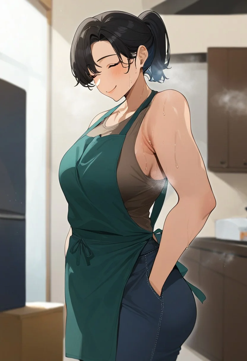 score_9, score_8_up, score_7_up, source_anime, dirty anime style, milf, brown eyes, black hair, ponytail, pale skin, medium breasts, thick thighs, tank top, pants, apron, sweat, sweatdrop, steaming body, soft smile, closed eyes, standing, BREAK indoors, solo, best quality, high quality