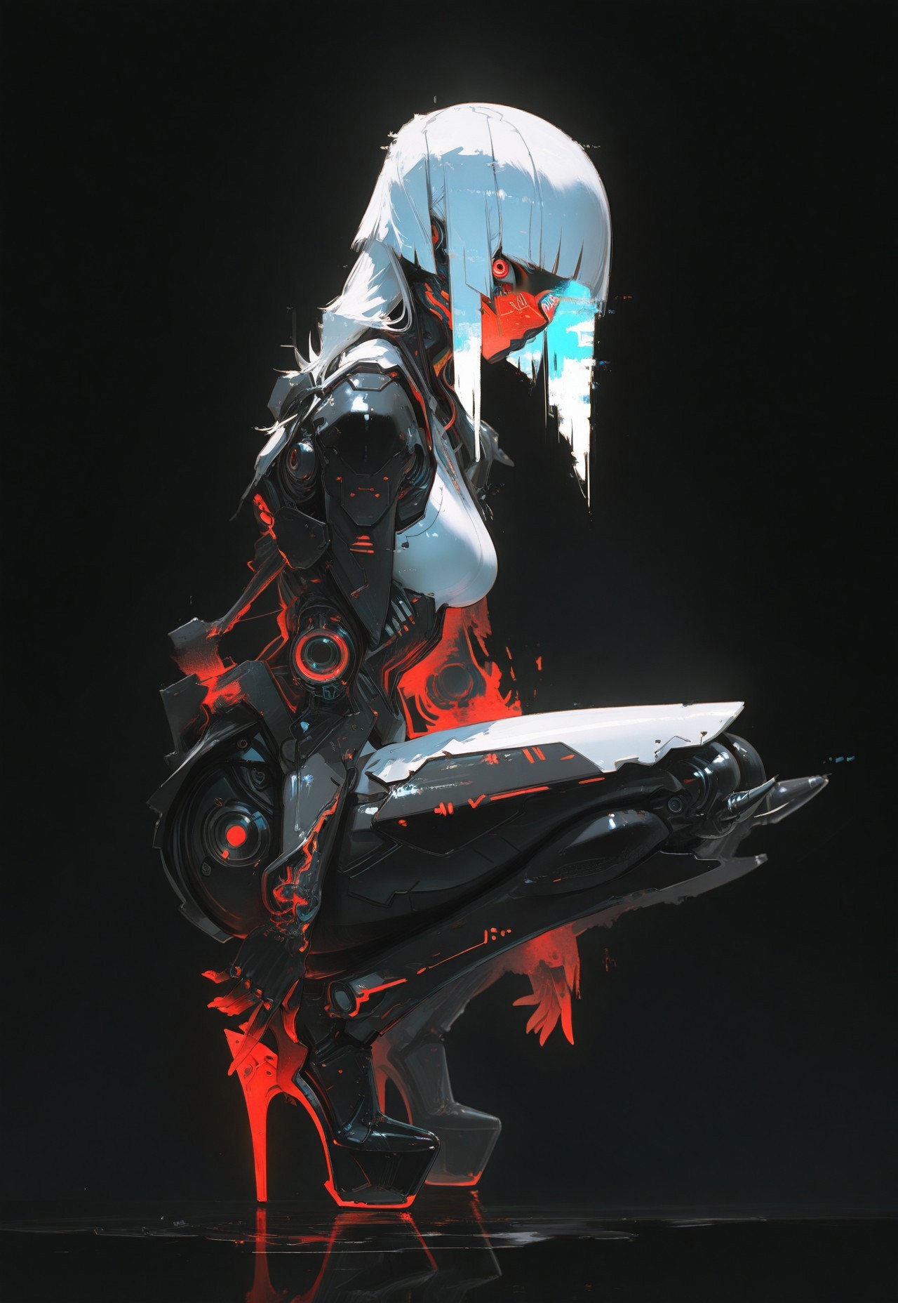 safe_pos, masterpiece, best quality, good quality, newest, highres, absurdres, 
1girl, solo, long hair, breasts, looking at viewer, red eyes, full body, white hair, high heels, squatting, helmet, black background, spikes, science fiction, reflection, android, joints, mechanical arms, cyborg, robot joints, mechanical parts, mechanical legs, cyberpunk, stiletto heels, artificial eye, mechanical eye, mcnm,
G0zeNA_illu, abstract, surreal,xxx667_illu,glowing,glitch