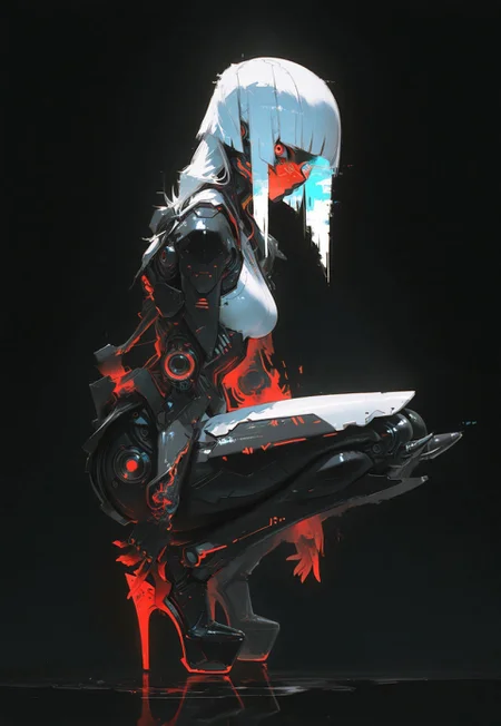 safe_pos, masterpiece, best quality, good quality, newest, highres, absurdres,
1girl, solo, long hair, breasts, looking at viewer, red eyes, full body, white hair, high heels, squatting, helmet, black background, spikes, science fiction, reflection, android, joints, mechanical arms, cyborg, robot joints, mechanical parts, mechanical legs, cyberpunk, stiletto heels, artificial eye, mechanical eye, mcnm,
G0zeNA_illu, abstract, surreal,xxx667_illu,glowing,glitch