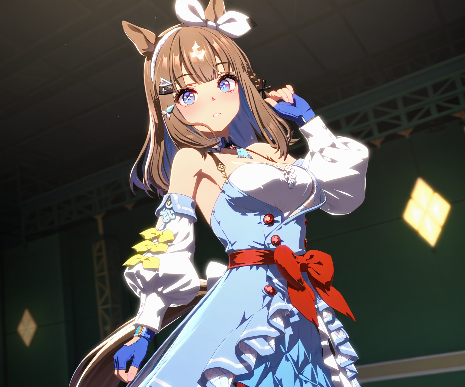 masterpiece, best quality, amazing quality, , 1girl, solo, looking at viewer,  <lora:Almond_eye_in_game_style_3D_ILL-v2.1:1> ummsmingame, 3d, almond eye \(umamusume\)