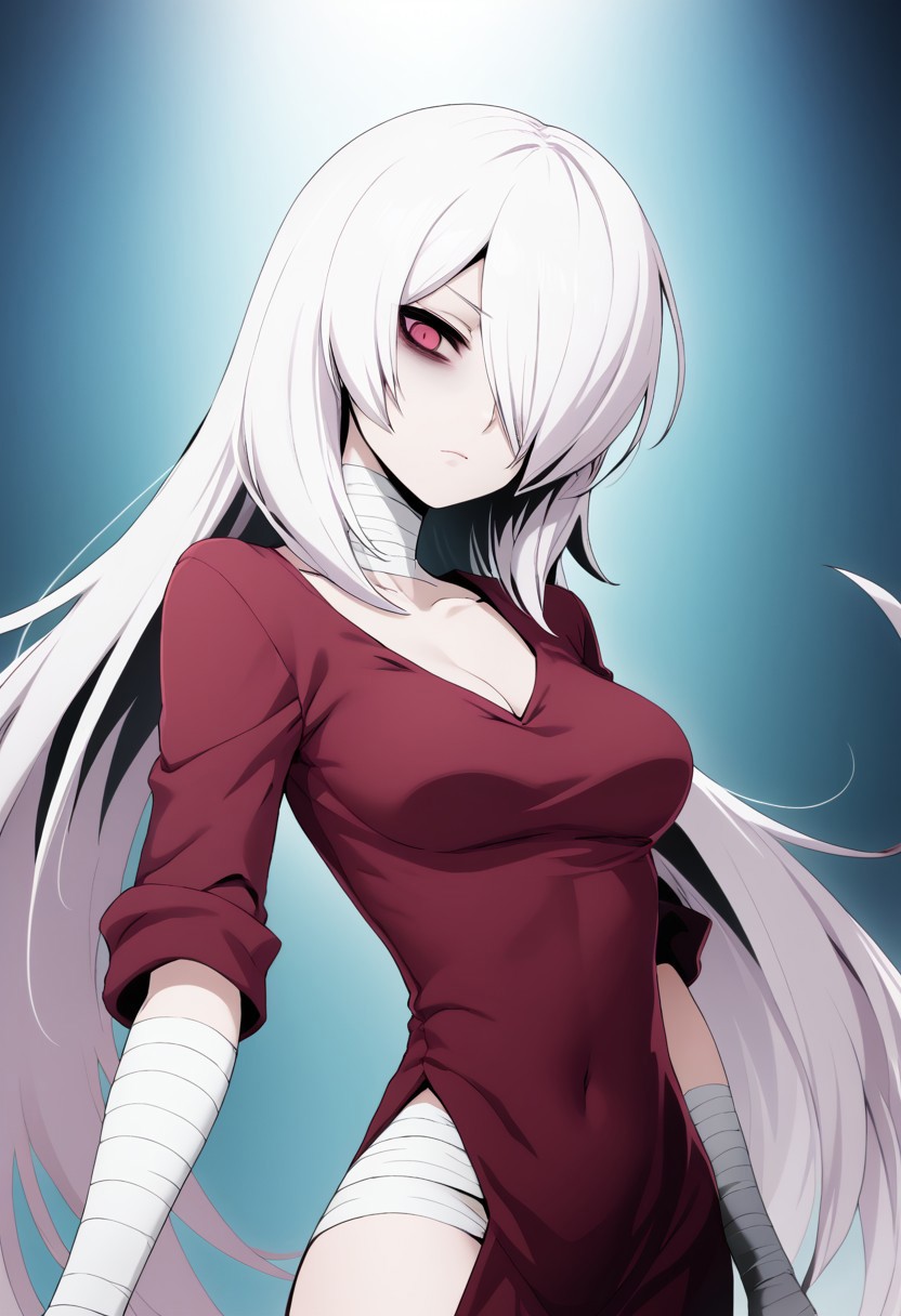 score 8 up, solo,cowboy shot, 1girl, lab background, white hair, hair over one eye, pink eyes, red eyes, medium breasts, gown, skinny, bags under eyes, bandaged_neck, head tilt, looking at viewer,