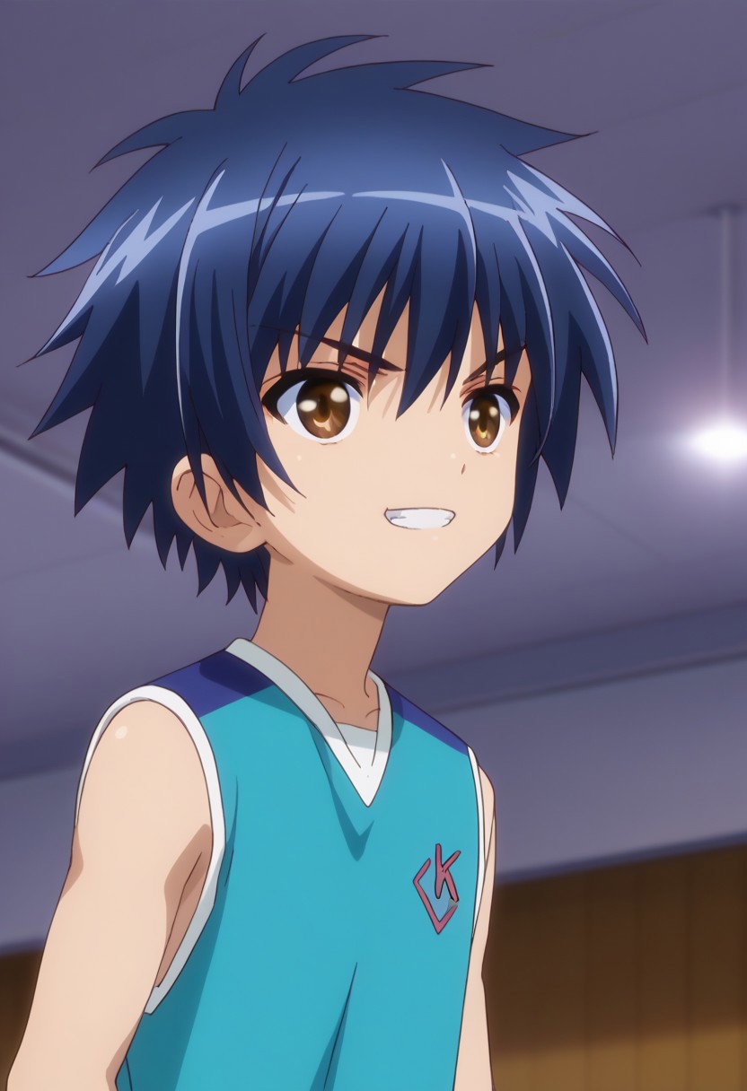 score_9, score_7_up, source_anime 
natsuhi, 1boy, male focus, solo, brown eyes, blue hair, bangs, sportwear, basketball uniform, shirt, blue shirt, sleeveless, indoor, grin, upper body