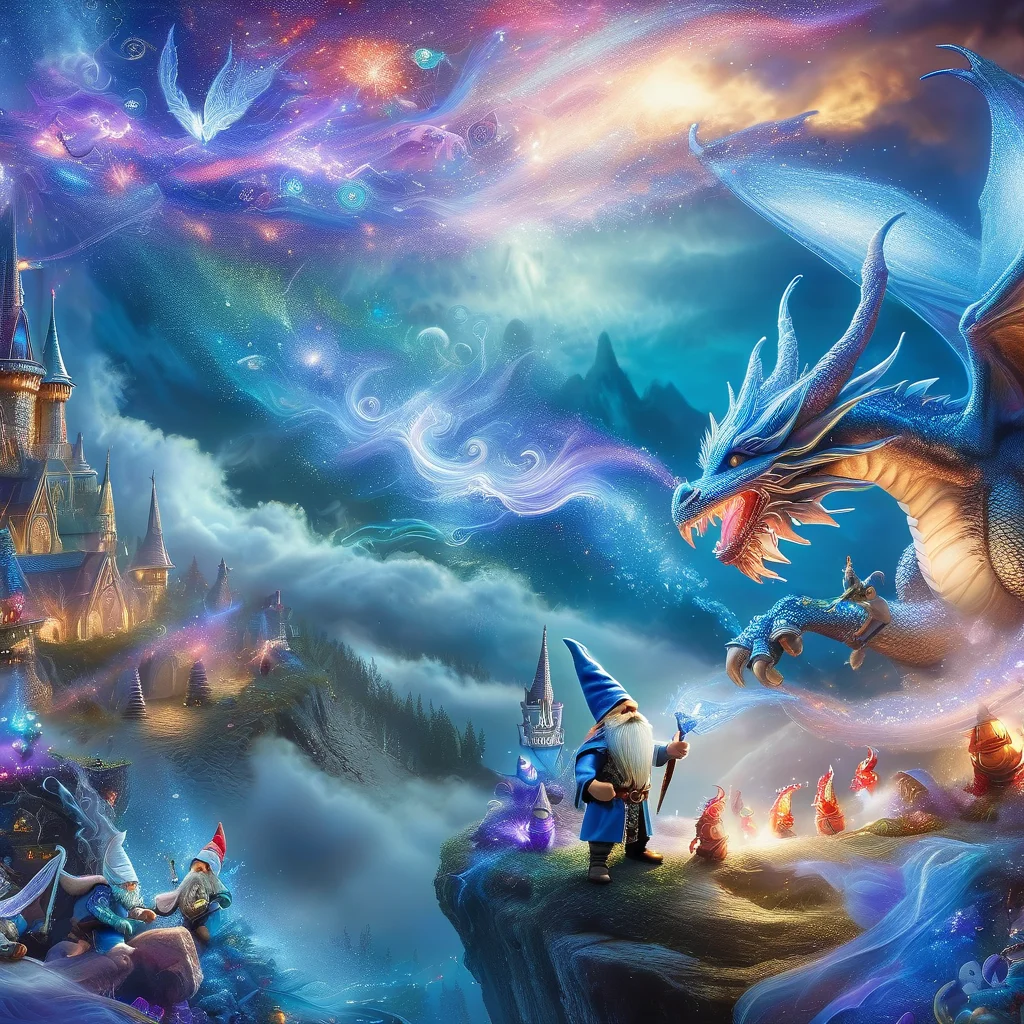 Fujifilm quality photograph (best quality)++, (masterpiece)++, (detailed)+, elf on the shelf fighting a Dragon, (fantasy illustration)1.3, enchanting Dragon battle elf on the shelf, mystical battle, (many gnomes battling)1.4 (whimsical charm).4 Otherworldly charm, mystical sky, (Luis Royo)1.2, (Yoshitaka Amano)1.1, moonlit night, soft colors, (detailed cloudscape)1.3, (high-resolution)1.2 (gnomes battling everywhere)1.2 , <lora:DonM3t3rn1tyXL-v1.1:0.8> DonM3t3rn1tyXL <lora:DonMD1g174l4sc3nc10nXL:0.8> DonMD1g174l4sc3nc10nXL <lora:Dragons:0.8> dragon <lora:EnvyMagicalXL01:0.8> magical <lora:FantasyLandscape:0.8> FanLan