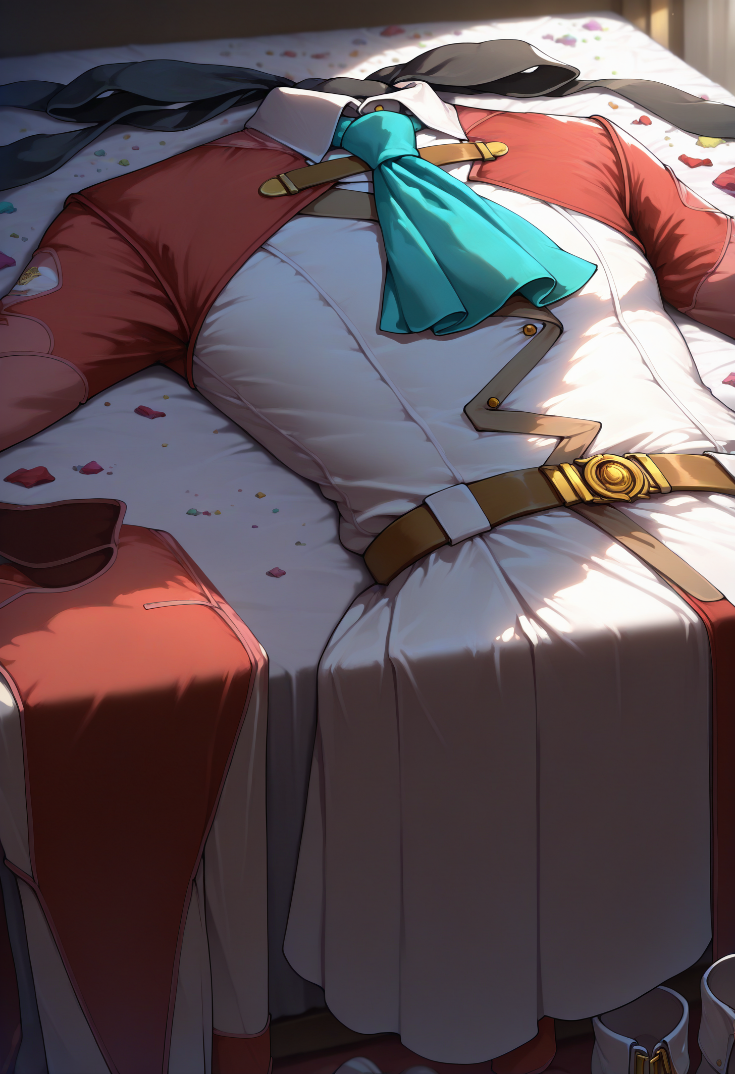 masterpiece, best quality, newest, absurdres, highres, no humans, clothes focus, unworn clothes, scenery, unworn dress, still life, <lora:UnwornClothes_illusXLNoobAI_Incrs_v1:1.2>, bed, messy room, messy,  <lora:elie-illu-nvwls-v1:1>, black hairband, hair ribbon, white and red uniform, white dress, aqua ascot, brown belt, white boots,
