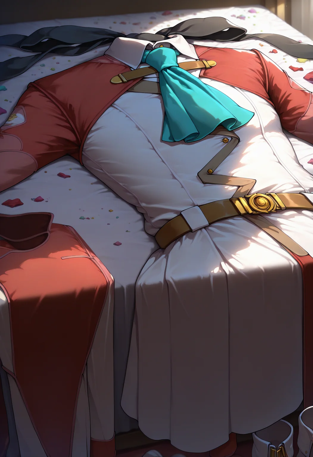 masterpiece, best quality, newest, absurdres, highres, no humans, clothes focus, unworn clothes, scenery, unworn dress, still life, <lora:UnwornClothes_illusXLNoobAI_Incrs_v1:1.2>, bed, messy room, messy, <lora:elie-illu-nvwls-v1:1>, black hairband, hair ribbon, white and red uniform, white dress, aqua ascot, brown belt, white boots,