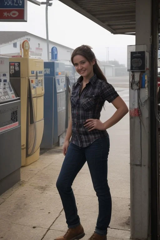 30yo American woman wearing flannel shirt and jeans
Dynamic varying pose.
Gas station. Night time.
Fog.
Dark smooth long hair ponytail. smiling.
Looking at camera.
Full body.