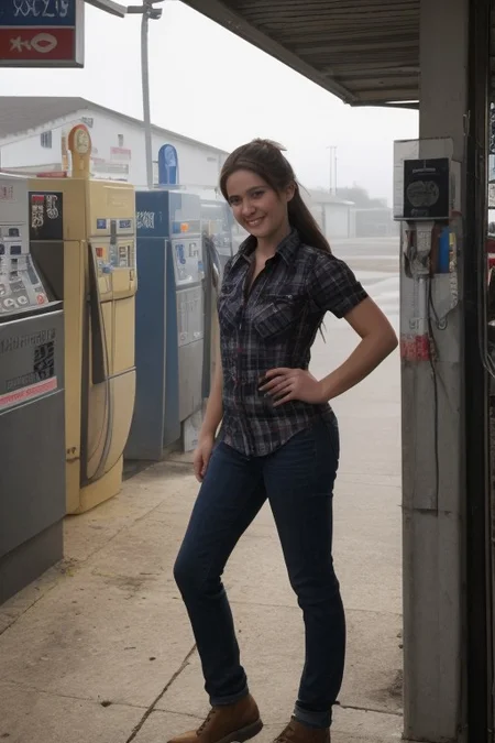 30yo American woman wearing flannel shirt and jeans
Dynamic varying pose.
Gas station. Night time.
Fog.
Dark smooth long hair ponytail. smiling.
Looking at camera.
Full body.