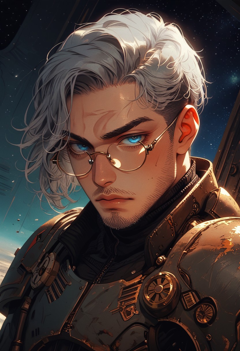 Safe_pos, (score_9, score_8_up, score_8), ultra detailed, high resolution, high quality, masterpiece, intricate details, intricate body, intricate landscape, knva, Expressiveh, European Male, (((1male))), ((male)), source_cartoon, Slender, Handsome, Masculine, ((Grey Hair, Short Hair)), ((Stubble, Five O'Clock Shadow)), (Stubble), (Circular Eyeglasses), (Undercut), ((Facial Hair, Short Beard)), Handsome, (Pale Skin, Delicate and Smooth Skin, Highly Detailed, Strong Jawline), (Blue Eyes), Artificer, (Steampunk Power Armor in the style of fallout-power-armor, space_space), Fantasy, Medieval, Steampunk, Space-Suit, Scholar Vibes, ((Extremely Detailed Face and Eyes)), Looking at Viewer, Soft Lighting, Warm Lighting, Unique Angle, Unique Perspective, Dramatic Angle, ((Full Body)), From Above,