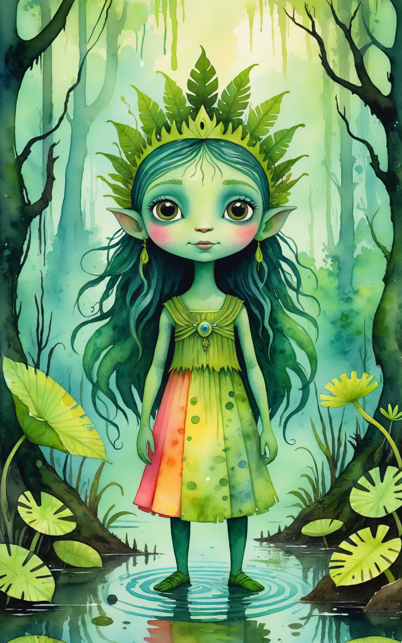 goddess of the grungy swamp, funky, swampy, creature, fey-like children's book illustration, watercolor style, soft colors, cute, simple, brightly colored, complementary background<lora:xl_more_art-full_v1:0.5>
