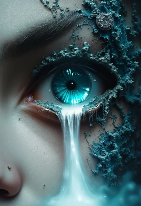 Jeddblexpsre,double exposure, Use a close-up tear with a waterfall streaming within, symbolizing release, healing, and transformation