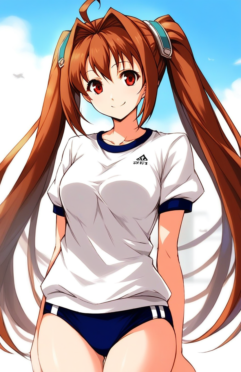 score_9, score_8_up, score_7_up, source_anime, rating_explicit, BREAK  <lora:Estelle_Bright_XL:1> Estelle_Bright, brown hair, very long hair, twintails, ahoge, red eyes, hair intakes, medium breasts,
gym uniform,white shirt, dark blue buruma,
day, sky,
smile,
looking at viewer, 
cowboy_Shot,