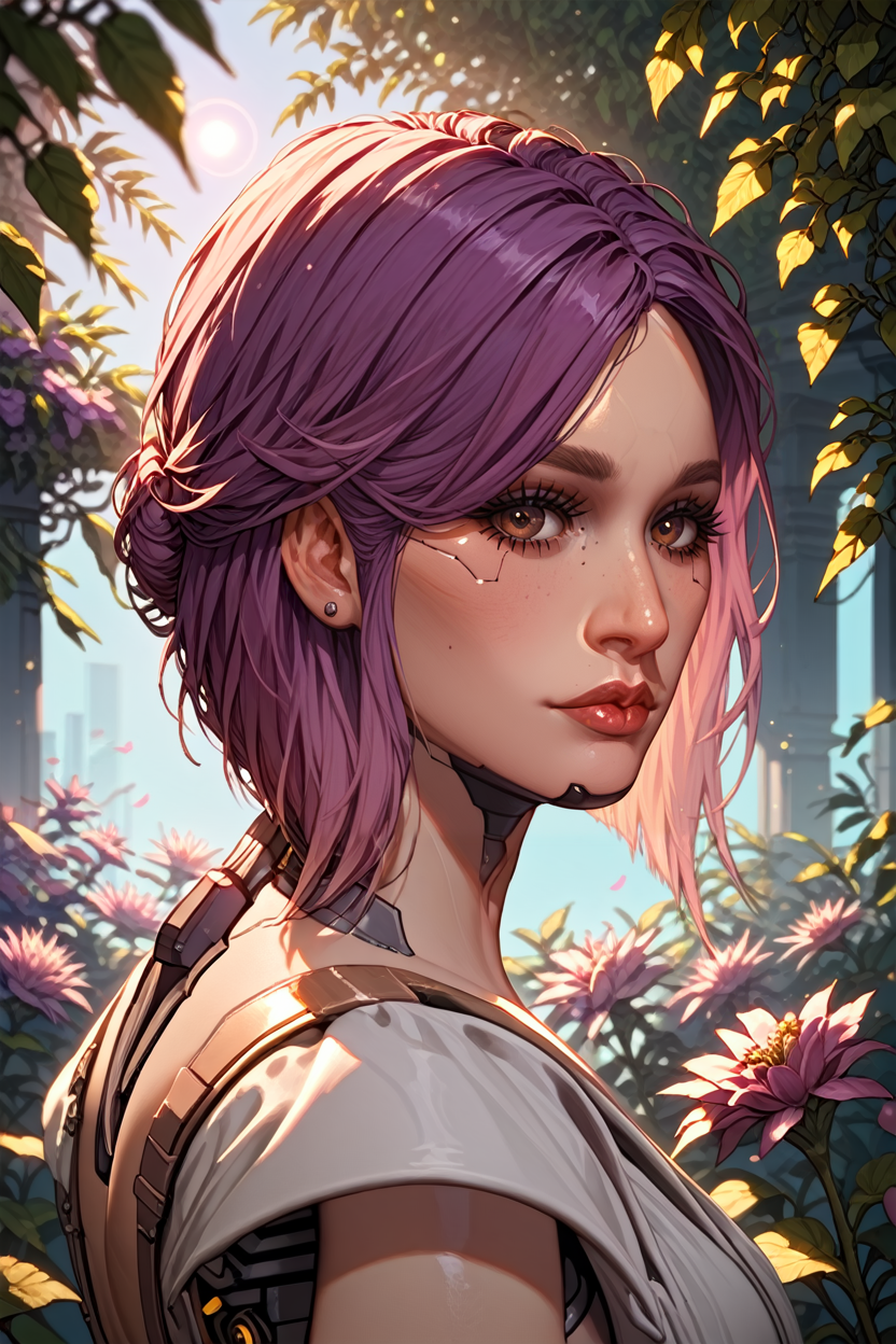 score_9, score_8_up, score_7_up, score_6_up
<lora:CyberSongbird:0.8>
CyberSongbird, 1girl, purple hair, brown eyes, cyberpunk, looking at viewer, standing in a sunlit garden, surrounded by blooming flowers, soft focus background with bokeh, gentle breeze rustling through leaves, romantic and dreamy ambiance