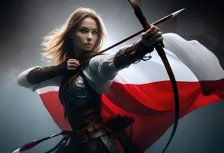 a beautiful polish archer jumping out of the water wrapped in the polish flag. in one hand she holds a royal scimitar sword, on her shoulder a pukler with an emblem, inkpunk style,thematic background, side light, rim lighting, studio lighting, ultra quality, sharp focus, film grain, Fujifilm XT3, highly detailed glossy eyes, high detailed skin, skin pores, winter, snowing,
dark fantasy, romantic,dynamic fighting pose,,natural pose, dark fantasy style, raw, uhd, dslr, em 80mm, dslr, hdr, , cinematic shot, dark fantasy, style,raw photo, glowing neon fog, dslr, raw, 16k UHD,
<lora:sdxl_lora_archer:0.9> <lora:PerfectEyesXL:0.8> perfecteyes