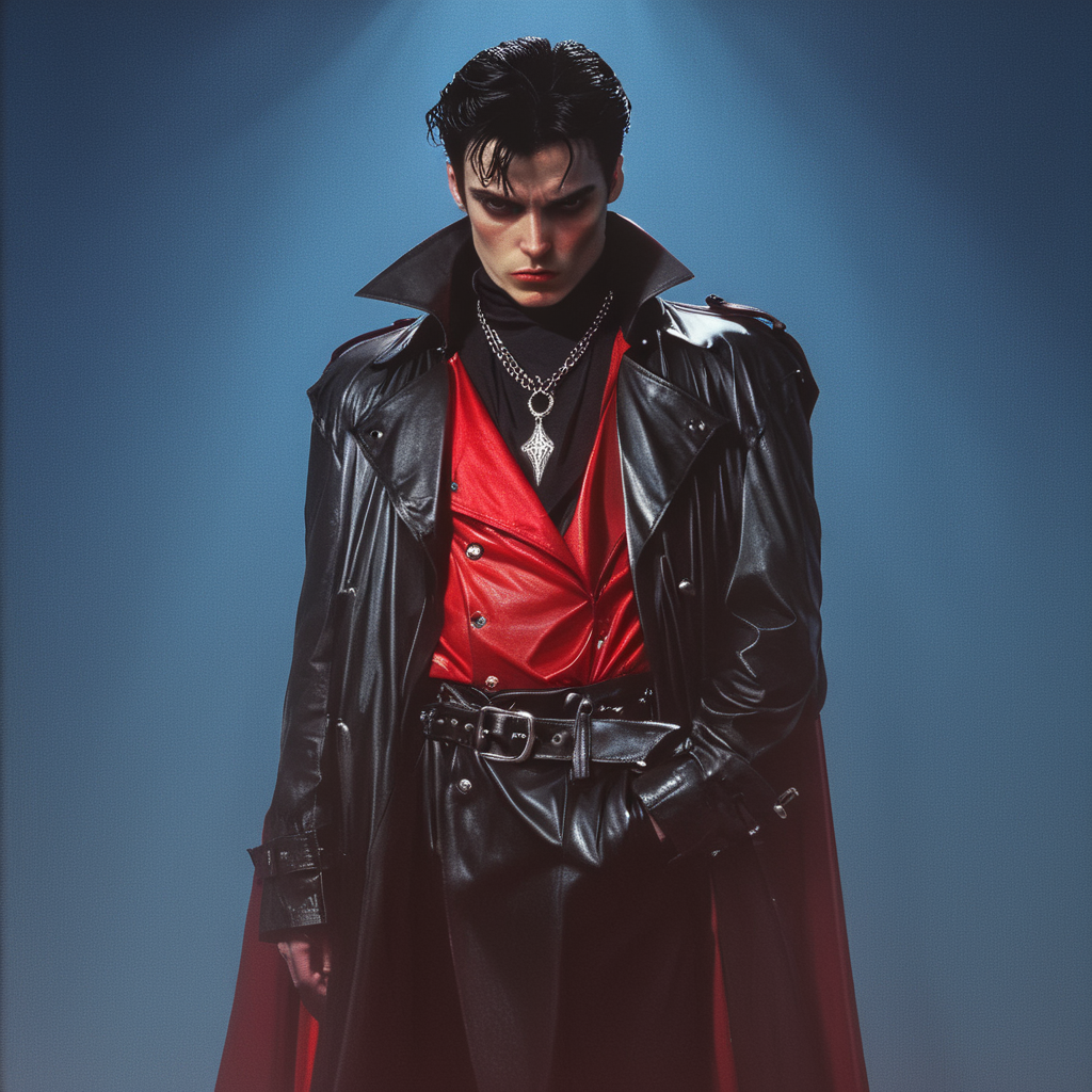<lora:Mystic_Vogue_80s__Occult_PopSDXL:1> Mystic Vogue 80s Occult Pop, The image is a portrait of a young man in a dark and edgy outfit. He is wearing a black leather trench coat with a red cape draped over his shoulders. The coat has a high collar and long sleeves and the cape is cinched at the waist with a black belt. The man has dark hair styled in a messy messy manner and is looking down with a serious expression on his face. The background is a gradient of blue and red creating a dramatic and mysterious atmosphere. The lighting is dramatic highlighting the man's features and emphasizing his outfit., 1boy, solo, male focus, belt, jewelry, necklace, black hair, coat, short hair, black coats