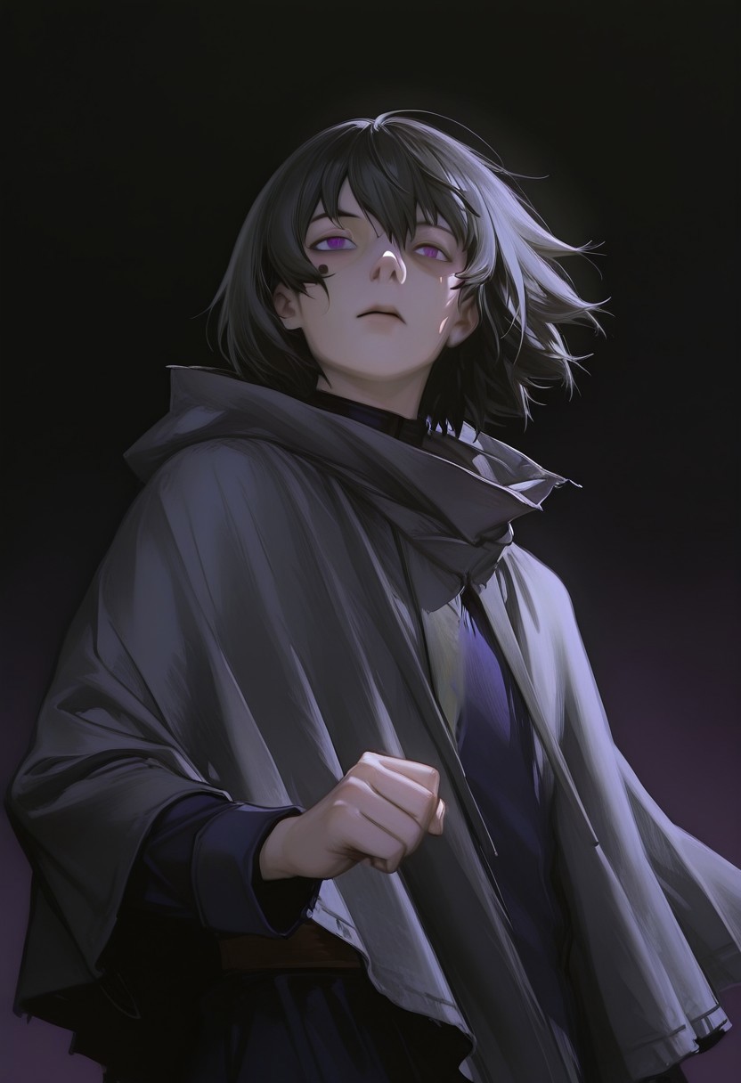 photo of a man, 1boy, solo, anime-art, Art8st, color theory, hyperdetailed, semi-realistic, semi-realism, darkness, dark background, battle pose, Raven, solo, male focus, black hair, grey hair, purple eyes, black eyes, grey poncho, dark blue uniform,