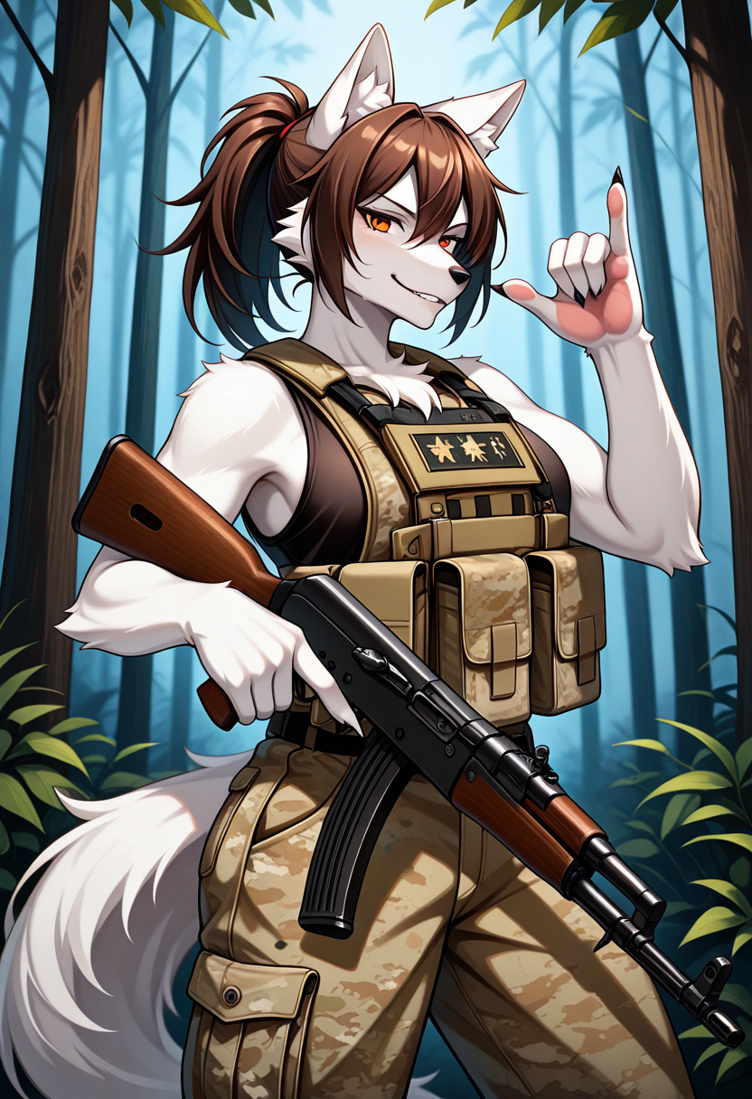 masterpiece, high quality, best quality, 1girl, solo, furry, wolf, ponytail, looking at viewer, cowboy shot, shaka sign, gesture, military,  khaki camouflage, forest, nature, five fingers, claws, gun, ak-47, holding, smirk, vest, sleeveless, athletic, 