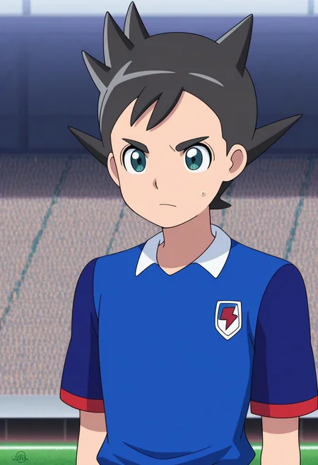 masterpiece,best quality,amazing quality, source_anime,
InamoriAsuto, 1boy, male focus, solo, green eyes, black hair, spiked hair, orion soccer uniform, shirt, blue shirt, raglan sleeves, short sleeves,