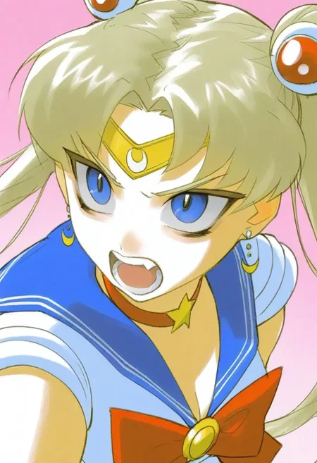 v1nn13, solo, fisheye view.
sailor moon, blonde hair, blue eyes, open mouth, aggressive, surprised, angry.
pink background