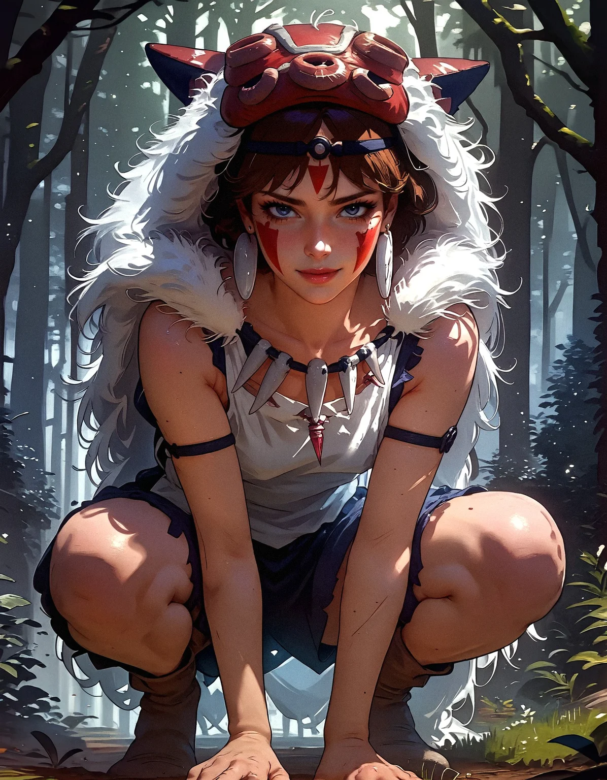 score_9, score_8_up, score_7_up, san, 1girl, full body, squatting, solo, short hair, brown hair, gray eyes, headband, face paint, earrings, white sleeveless top, navy under dress, arm cuffs, fur headdress, fur cape, light-skinned female, female focus, looking at viewer, smiling, forest, (blush:1.1) <lora:pony/twilight_style:0.8> concept art, realistic, <lora:pony/expressiveh:0.8> expressiveh, <lora:pony/kenva:0.8> knva, <lora:pony/san_pony_v4> <lora:sdxl/sinfully_stylish_sdxl>