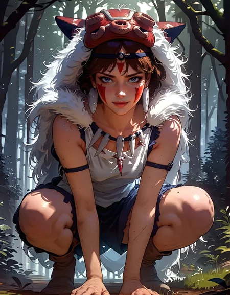 score_9, score_8_up, score_7_up,  san, 1girl, full body, squatting, solo, short hair, brown hair, gray eyes, headband, face paint, earrings, white sleeveless top, navy under dress, arm cuffs, fur headdress, fur cape, light-skinned female, female focus, looking at viewer, smiling, forest, (blush:1.1)  <lora:pony/twilight_style:0.8> concept art, realistic, <lora:pony/expressiveh:0.8> expressiveh, <lora:pony/kenva:0.8> knva, <lora:pony/san_pony_v4> <lora:sdxl/sinfully_stylish_sdxl>
