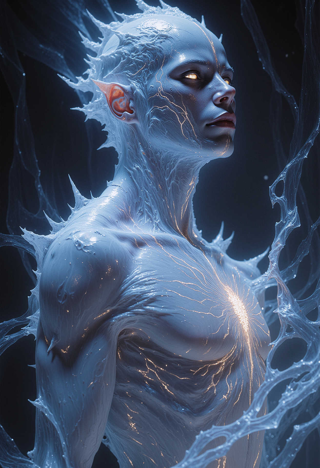 A close-up portrait of a glowing, crystalline humanoid figure with translucent skin and shimmering veins of light flowing beneath the surface. The figure's eyes are empty voids of light, and their body is adorned with thin, glass-like armor that refracts light into prismatic colors. The face is androgynous, with sharp, otherworldly features, and the hands are elongated, ending in delicate, claw-like fingers. The image captures the figure's upper body, with light bending and distorting around them as if they are standing in a dimensional rift. The background is a vortex of shifting light and shadow, creating a sense of tension and disorientation.   <lora:dark_fantasy_flux:0.83> <lora:FredFraiStyle-FLUX-Share:0.63> <lora:sxz-Dark-Fantasy-v2-Flux:0.33> drkfnts style, <lora:flux.1_lora_flyway_Epic-Characters_v1:0.43>