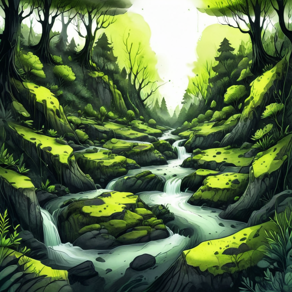 illustration, masterpiece, detailed, absurd resolution, white background, black linework, lime green and moss colored watercolor, nature, trees and a river, icon, 2d, flat, vector, cell shaded, in the style of world of warcraft icons,  <lora:artfullyICONIC3_SDXL_V1:1>