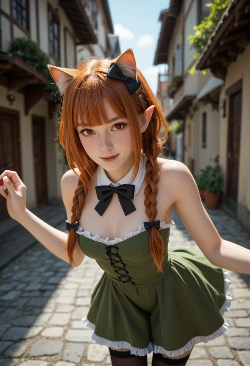 score_9_up, score_8_up, score_7_up, score_6_up, 1girl, solo, 25 years old, perfect face, (adult), sexy, 
red eyes, freckles,  
ginger hair, cat ears, braid, twin braids, fang, hair bow, pointy ears, blunt bangs, fang, detached collar,
black bow,dark green dress, frilled dress, frills, 
black thighhighs, 
dynamic pose, dynamic angle, 
blush, 
village,
