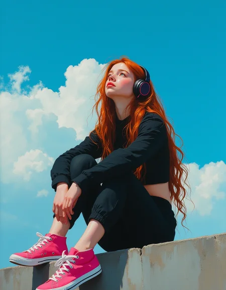 A charming and nostalgic oil painting of a young teen girl sitting on a concrete ledge under a bright, cloud-filled sky. She has long, straight red hair, porcelain white skin, and wears a black long sleeved crop top and black laggings. Her bright pink sneakers with white soles are casually worn, adding a sense of modernity and relatability to her appearance. Her posture is relaxed, with her knees drawn up and her gaze turned upward toward the sky, evoking a sense of daydreaming and curiosity. Her eyes are of the deepest blue. She is wearing black headphones with glowing burgundy accents. The sky is a vibrant blue, dotted with fluffy white clouds that are rendered in a soft, painterly style. The lighting is warm and natural, casting gentle shadows and highlights across the scene.
The overall mood is peaceful, youthful, and slightly whimsical, capturing the fleeting beauty of a quiet moment under the sky.
Masterful oil painting, oil on canvas, Focus on the girl, shadow and light, Masterpiece, intricate lines, intriguing atmosphere, sharp magnificent details, delicate features, elaborate details, (2\3 rule composition:0.5), ultra detailed, romantic, Rembrandt lighting, brush stroke, lovely, del1cate_balance style, in the style of Rembrandt. vantablack <lora:style_of_Rembrandt_FLUX_135:.8> <lora:- Flux1 - vanta_black_V2.0:.6> <lora:Delicate_Balance:.3> <lora:neeeg_f1:-1> <lora:Midjourney_Whisper_Minimal:.3>