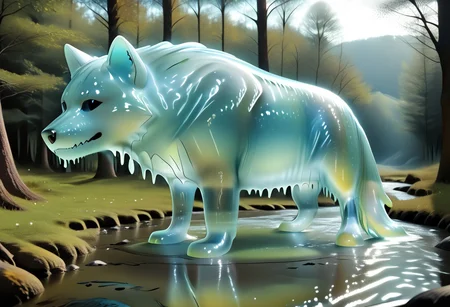 animal_guardian, wolf, black wolf, Wolf made out of black slime, black slime wolf in a forest, forest made out of slime, 
natural light, no bright spots, 
((translucent slime)), ((transparent slime)), made of water, (bioluminescent slime), sl1m3, slime, slime-morph, ais-blmn, saturated colors, no creatures, no humans, no monsters, no pokemon, scenery only, scenery, ral-lava, watce