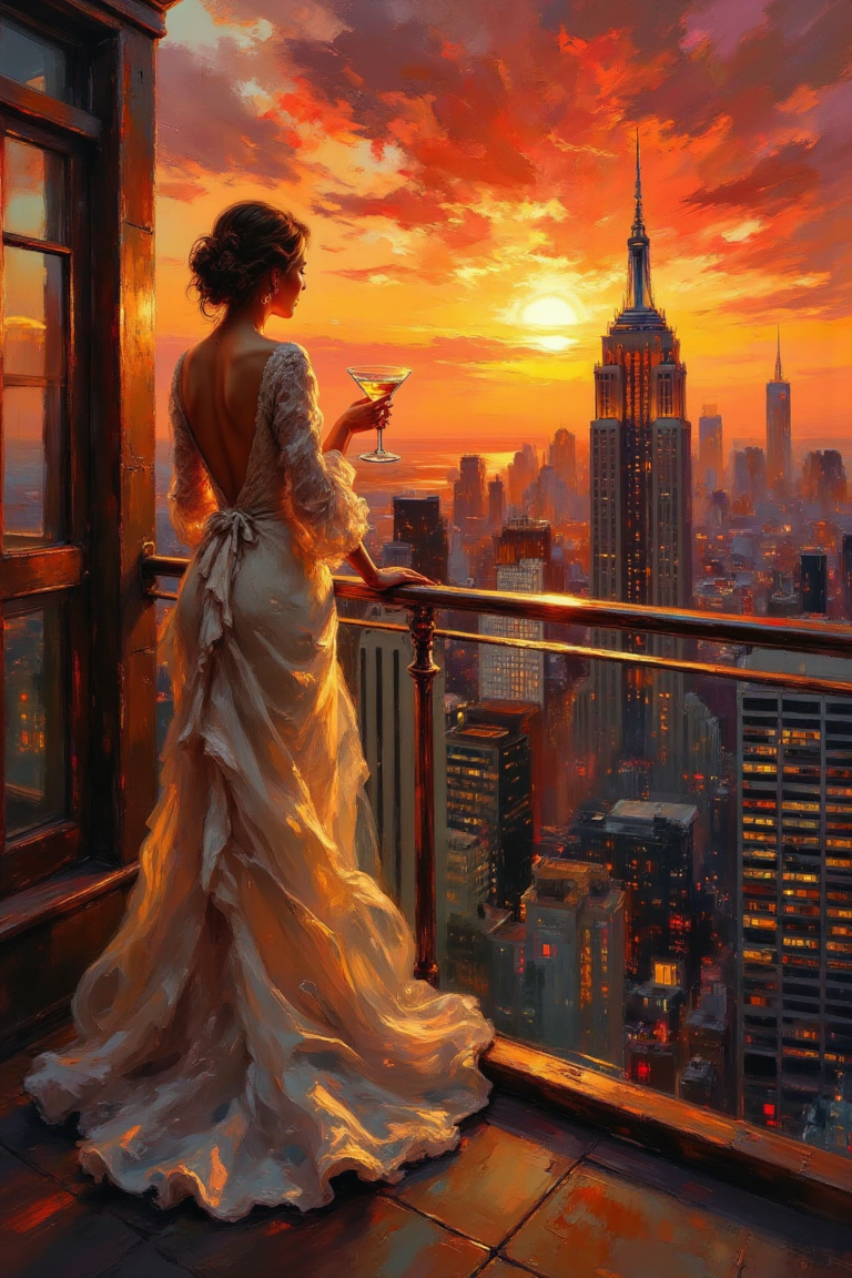aidmafluxpro1.1.,oil painting.
An elegant woman stands on the rooftop bar of a high-rise, gazing over the breathtaking New York City skyline. The golden-red hues of a fiery sunset ignite the clouds, casting dramatic reflections on the glass buildings. The warm glow highlights her silhouette, her flowing dress catching the evening breeze. A delicate martini glass rests in her hand, the light refracting through the liquid. The scene is painted in rich, textured oil strokes, blending realism with impressionistic warmth. The atmosphere is luxurious yet contemplative, with the distant hum of city life beneath her.