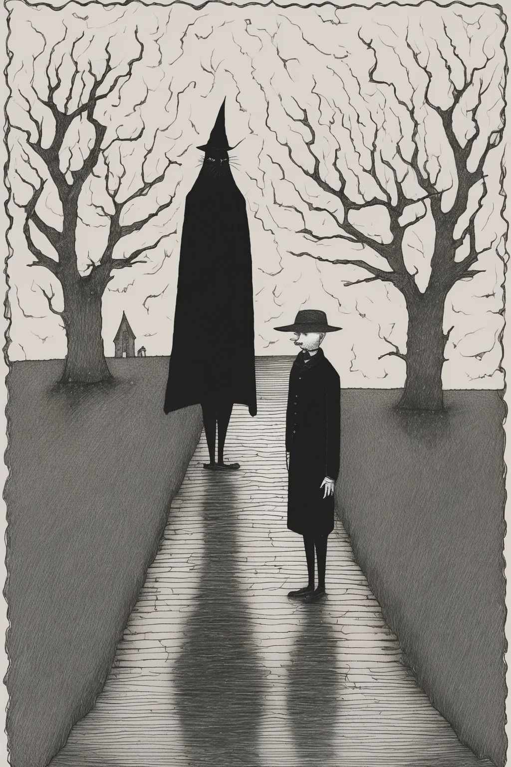 John Kenn Mortensen Style - a very simple symmetrical storm in the style of Edward Gorey