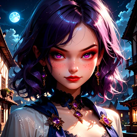 <lora:Fjola-000007:0.5>, Fjola, purple hair, purple eyes, facing viewer, small breasts, gloves, boots, closed mouth smirk,
outside, on the top of a building at night,
1 girl, cute, (petite), (red lips:0.8), sultry look, seductive,
(Full body shot:0.7),
<lora:detailed_notrigger:1>,
PonyScores7,
<lora:MythP0rtr4itStyle:0.4> mythp0rt,
epic beautiful lighting, god rays, moonlight beams, volumetric lighting, rim lighting, nighttime scene, blue moon,
masterpiece, beautiful and detailed brightness, (goosebumps:0.5), subsurface scattering, ultra realistic, textured skin, visible skin detail, skin fuzz