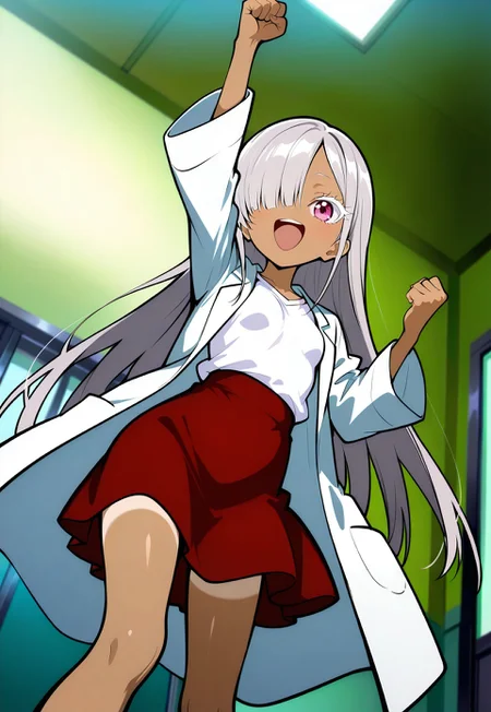 safe_pos, safe_pos, masterpiece,best quality,amazing quality,  Anime stil, Anime Screenshot, Anime art, anime colors, small breast, , 1girl
'
masterpiece, absurd, long straight hair, completely ash-gray hair, clear lightreddish pink eye, slim, petite, , small stature, small breast,  ultra detailed eyes,  side bangs, her left eye covered by hair, white eyelashes, white eyelashes, tanned, lab coat

White shirt, red skirt, view from below, happy, xD face, laughing, raises fist in air, jump, dynamic pose