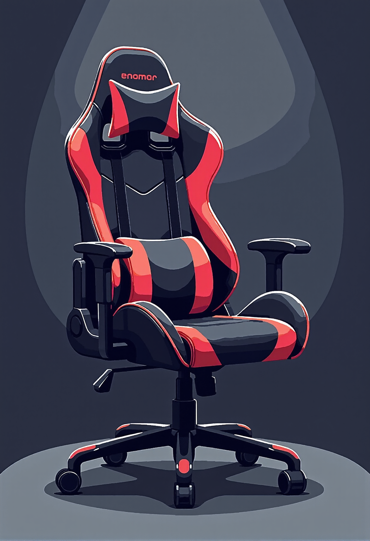 v3ct0r style, simple flat vector art. A modern ergonomic gaming chair with sleek contours and vibrant accents, designed for maximum comfort. The chair features bold, angular lines, with bright, eye-catching inserts along the backrest and seat that contrast sharply against the matte black frame. The armrests and base are minimalistic yet stylish, emphasizing functionality and aesthetics. Set against a gradient dark grey background to enhance the striking design and vibrant details.