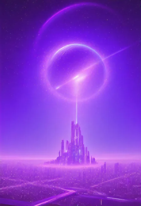 High quiality, high resolution, high definition,
Magical city with skyscrapers, a planet with purple colors and lines that emit white light surrounded by a planet ring, with the view from behind a cat looking towards the city, citybkg, anime style, high ilumination, galaxy sky, calid colours, spacial station