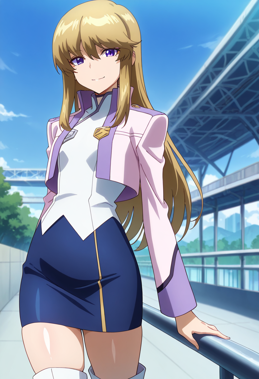 masterpiece, best quality, amazing quality, very aesthetic, absurdres, newest, illustration, perfect composition, intricate details, highres, anime coloring, general, 1girl, solo, (cowboy shot:1.2), keiww, purple eyes, blonde hair, long hair, bangs, hair between eyes, sidelocks, flat chest, keiuniform, cropped jacket, long sleeves, blue skirt, pencil skirt, white boots, looking at viewer, smile, outdoors, day, shiny body, shiny skin, skindentation, clear skin, shiny hair, ultra detailed eyes, depth of field, sharp, intricate details, hyperdetailed, ultra-detailed, detailed clothing folds, high contrast, dynamic light <lora:Kugimiya_Kei_Majestic_Prince_ill:1>