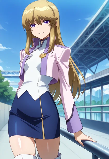 masterpiece, best quality, amazing quality, very aesthetic, absurdres, newest, illustration, perfect composition, intricate details, highres, anime coloring, general, 1girl, solo, (cowboy shot:1.2), keiww, purple eyes, blonde hair, long hair, bangs, hair between eyes, sidelocks, flat chest, keiuniform, cropped jacket, long sleeves, blue skirt, pencil skirt, white boots, looking at viewer, smile, outdoors, day, shiny body, shiny skin, skindentation, clear skin, shiny hair, ultra detailed eyes, depth of field, sharp, intricate details, hyperdetailed, ultra-detailed, detailed clothing folds, high contrast, dynamic light <lora:Kugimiya_Kei_Majestic_Prince_ill:1>