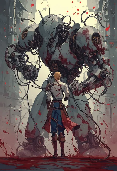 hkmecha, score_9, score_8_up, hkstyle Gothic Android Link, beard, berserk, Closeup, Blood, gore,.scratched, kentaro miura Style, anime, Long Hair, armor, baroque style, reelmech, mechanical parts, cable, wires, machinery, joints, fight stance, Closeup Portrait, fists Up, Action Scene, floating particles,
