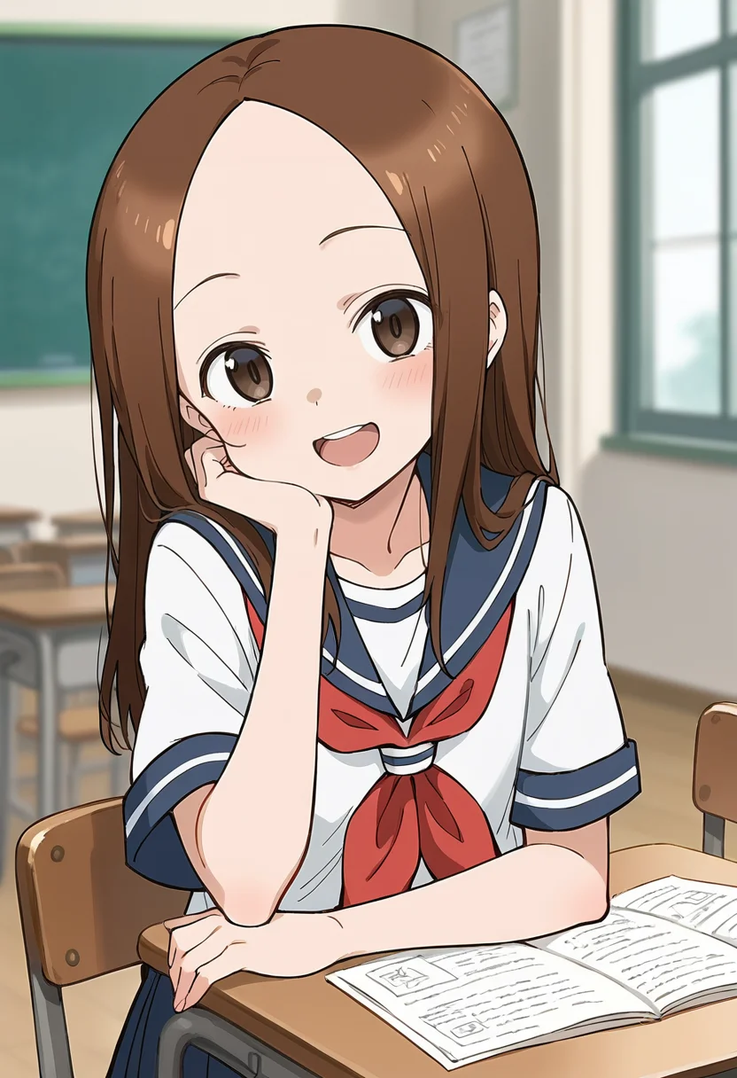anime screencap,score_9,score_8_up,score_7_up,source_anime BREAK best quality,((masterpiece)),highly detailed,ultra-detailed,(illustration),(beautiful detailed eyes) BREAK takagi-san,1girl,solo,long hair,indoors,classroom,blurry background:1.3 BREAK upper body,school uniform,white serafuku,short sleeves,blue sailor collar,red neckerchief,sitting,laughing,head rest,looking at viewer,<lora:takagi-san_v1.0:0.9>,