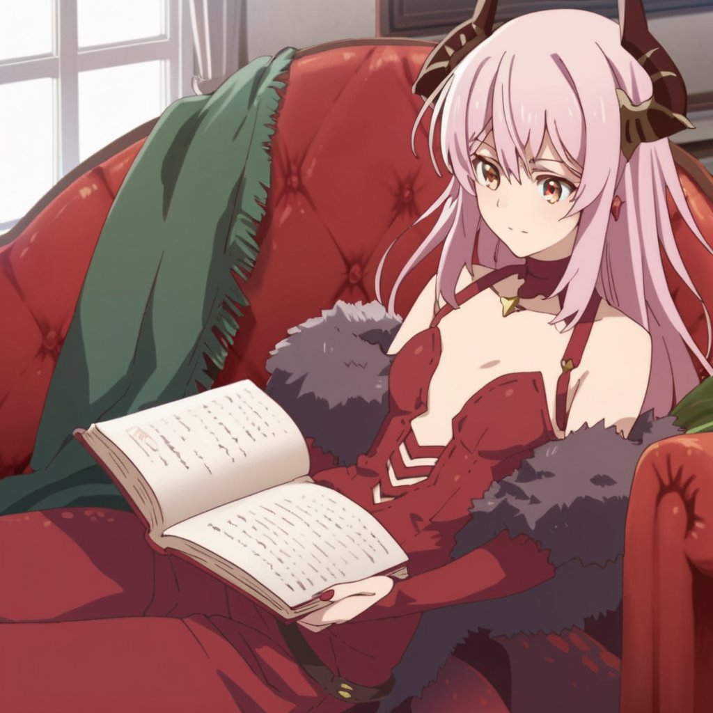 score_9, score_8_up, score_7_up, score_6_up, score_5_up, score_4_up, source_anime, , Echidna, dragon girl, lay, couch, living room, recline, reading book, magical circle
