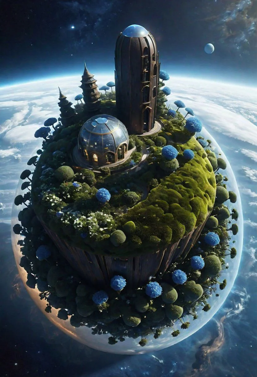 archiaerialview of a huge wooden tower on a blue flower meadown on a small floating dreamy  planet floating in deep Blue space, the Planet is a Ethereal eternal garden, Moss, plants and leafs, fluffy, low-key, cinematic, deep blacks, OverallDetail,(Fantasy:1.2), Mad architecturial wooden Lighthouse with skyhigh crazy Geometry, dynamic lighting,