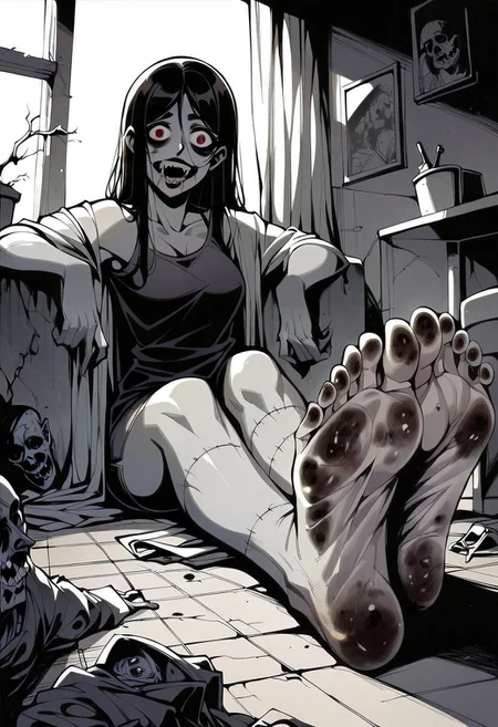 score_9, score_8_up, score_7_up, score_6_up, score_5_up, score_4_up,source_anime, 2d anime, zombie, zombie woman, zombie slut, sexy zombie, motion, erotic, porn, horror, dead eyes, interior, morgue, stretcher, fluorescent light, sitting, showing feet, perfect feet, perfect soles, dirty feet
