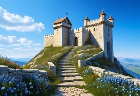 a crusader watchtower on a knoll, (13th Century:1.5), a stairway to the watchtower, gate, doorway, very wide shot, far out shot, fantasy, blue sky, alpine meadow flowers, best quality, masterpiece, realistic, photo-realistic, amazing, finely detail, ultra-detailed, highres, extremely detailed, 8k wallpaper