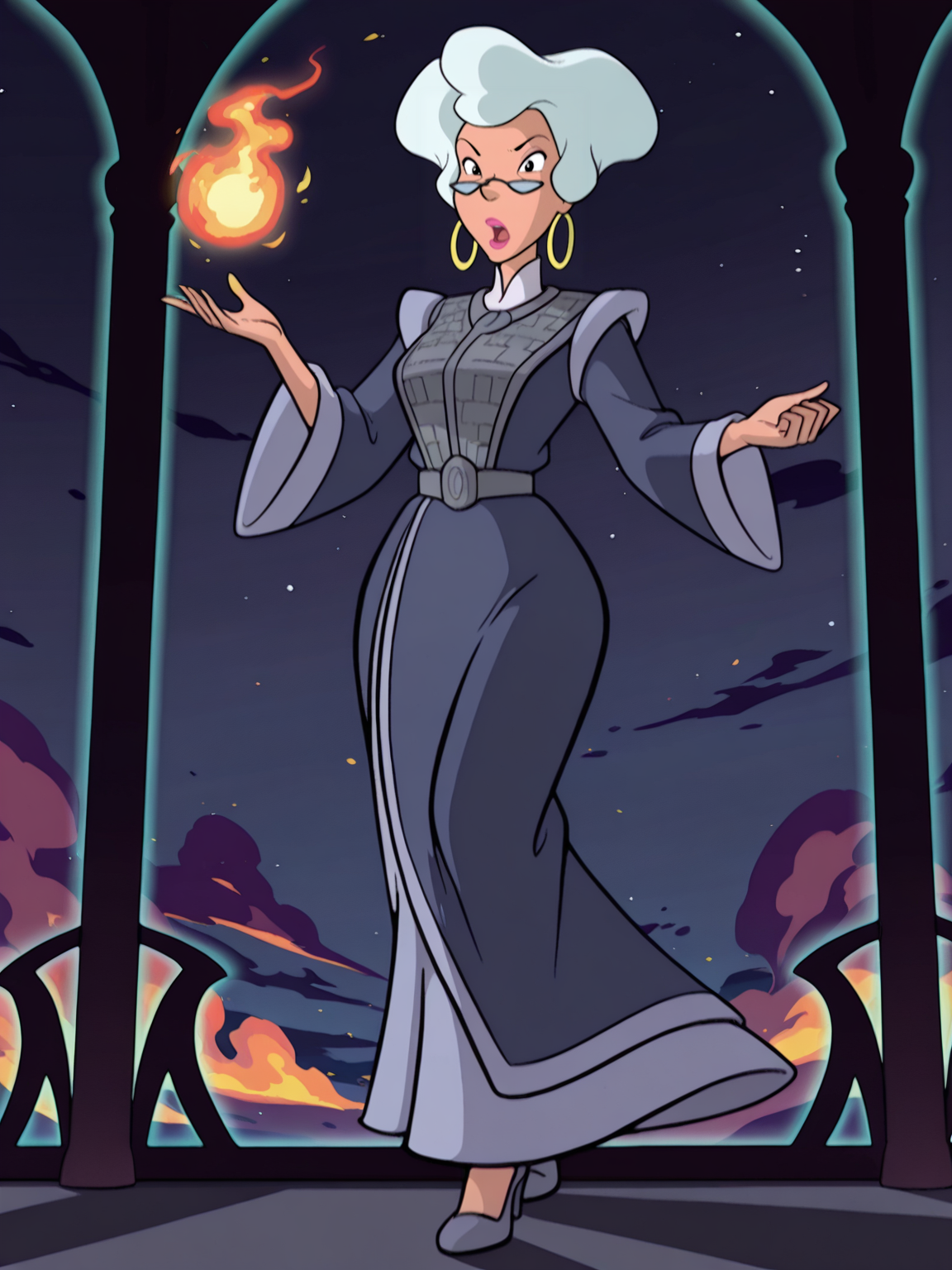 <lora:DirectorIL:0.9> d_r, 1girl, old, black eyes, grey big hair, short hair, round earrings, glasses lowered nose, pink lips,
magic, magic robe, steel armor,glowing liens, fireball, action, full body, glowing background, magic background